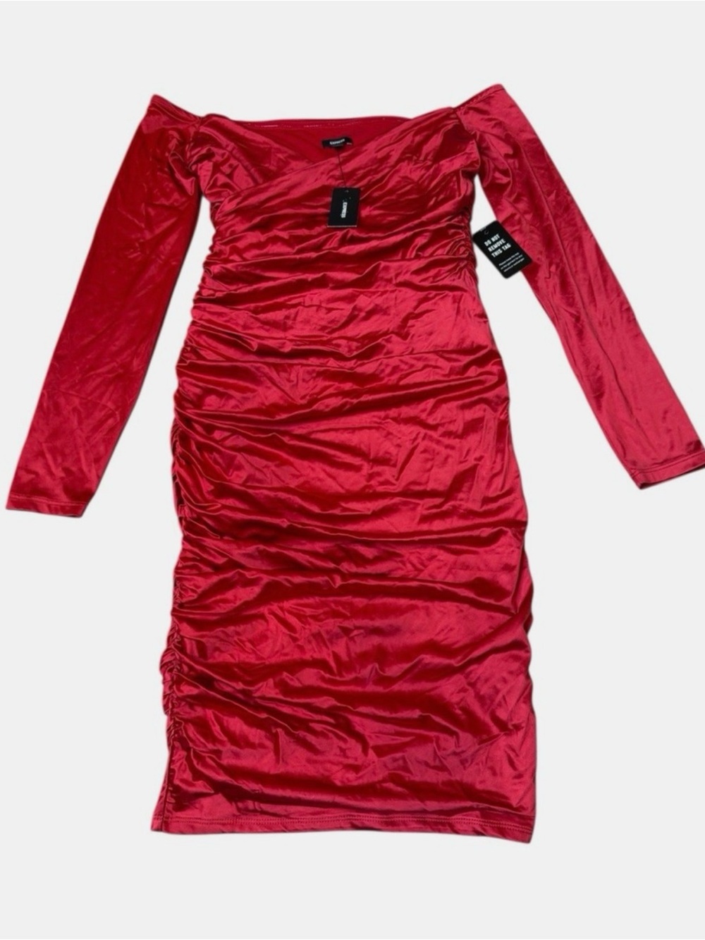 Express Ruched Off-Shoulder Long Sleeve Red Dress